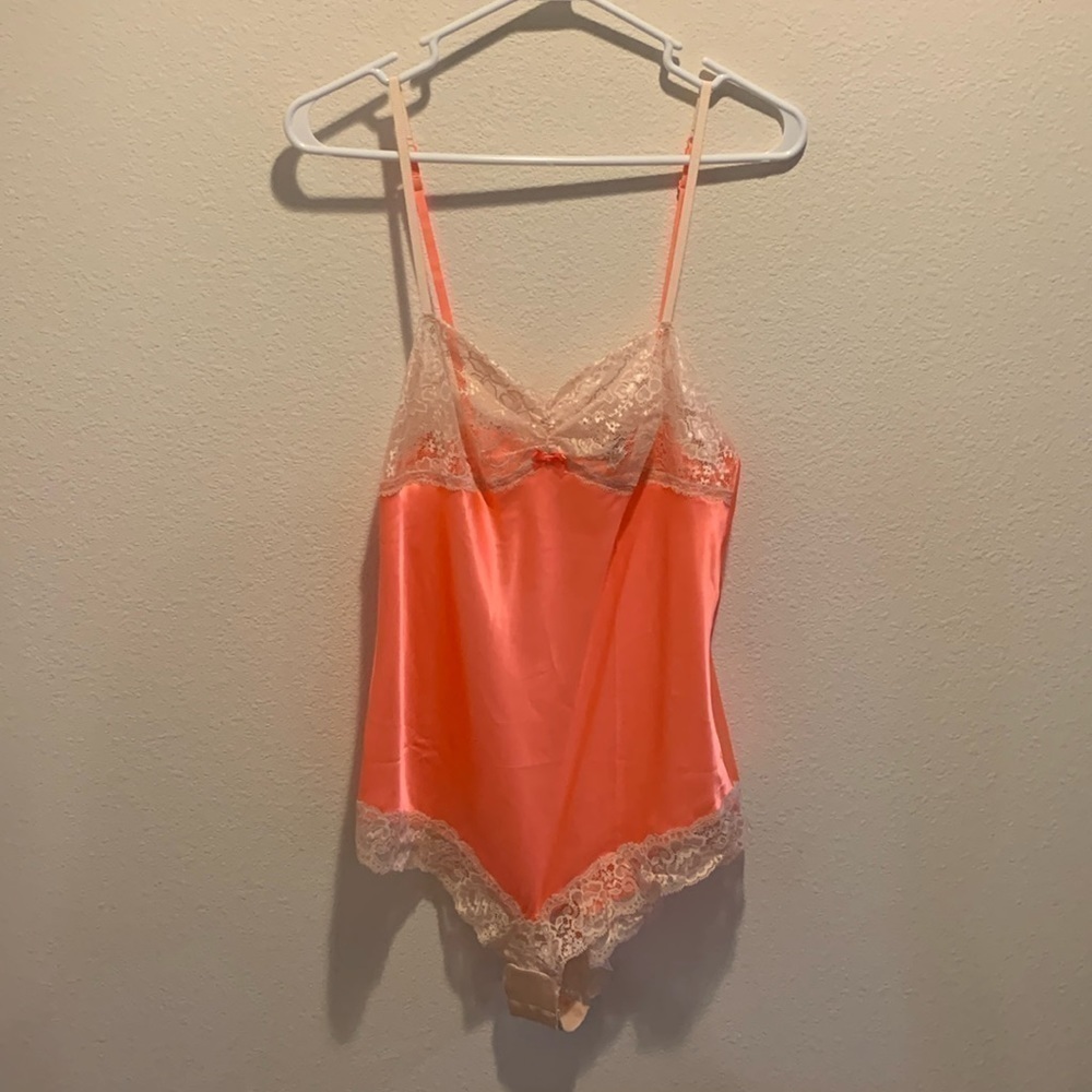 NWT Victoria Secret Teddy. Salmon. Lace sheer bust. 3 snap crotch/Adj Straps/L.